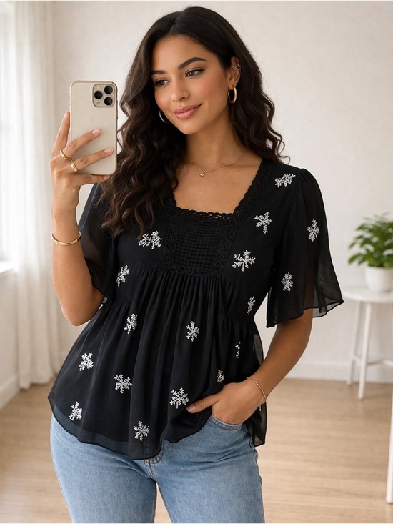 Tops - Black Embroidered Flutter Sleeve Peasant Top - Women